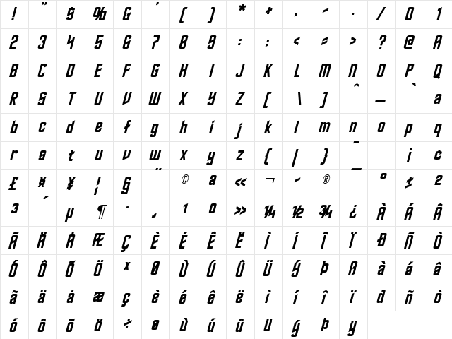 Roddenberry Italic  glyph index