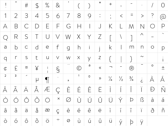 Brandon Text Light Regular  glyph index