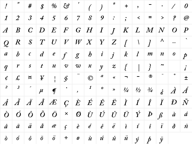 Adobe Caslon Pro Bold Italic  glyph index