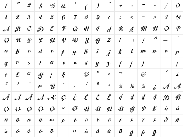 Cabarga Curs ICG Regular  glyph index