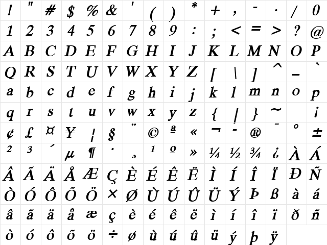 DukeWide BoldItalic  glyph index