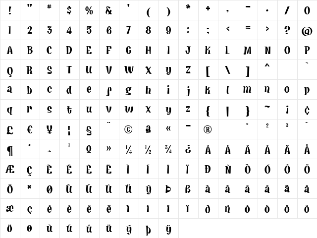 Hot Fudge BV Regular  glyph index