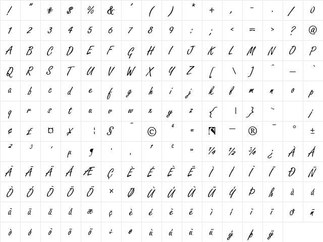 Freedom Script Regular  glyph index