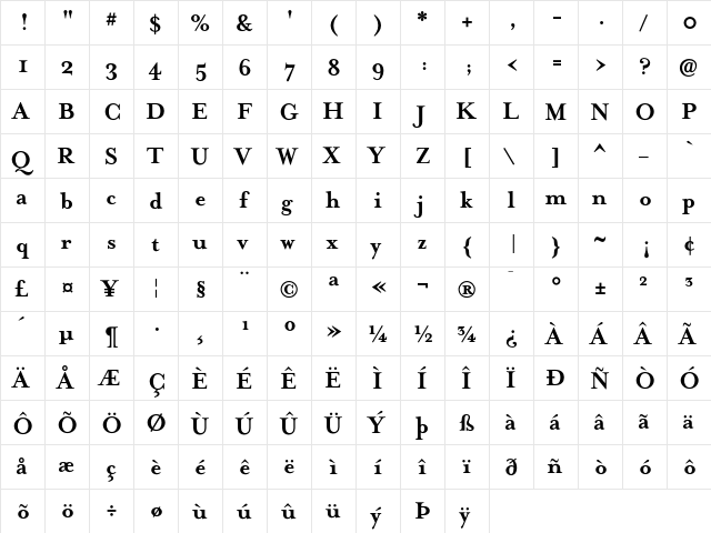 MrsEaves Bold  glyph index