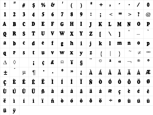 GoudyHeavyfaceCond Regular  glyph index