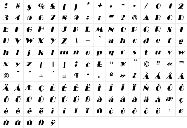 BroadwayItalic Regular  glyph index
