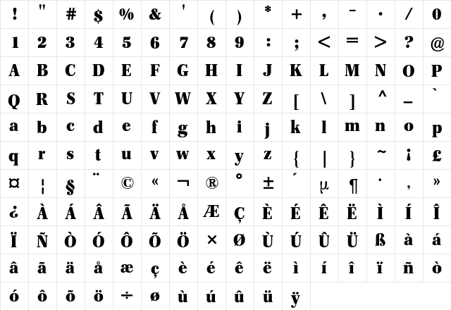 Franklin-Antiqua BQ Regular  glyph index