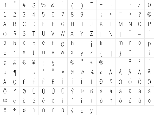 BentonSans Cond Light Regular  glyph index