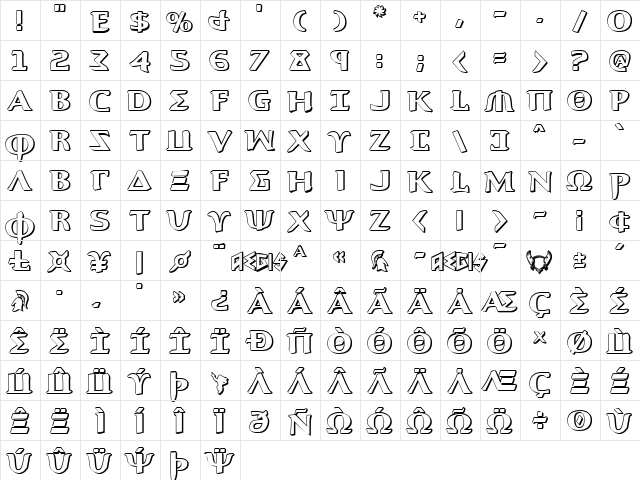 Aegis 3D Regular  glyph index