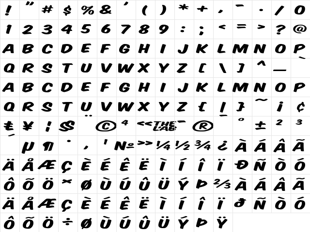 Komika Title - Wide Regular  glyph index