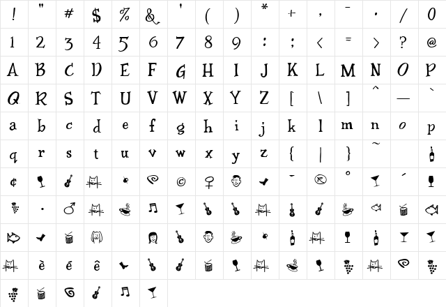 Conti Street Regular  glyph index