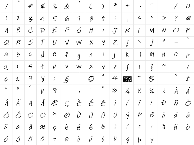 SashasHand Regular  glyph index