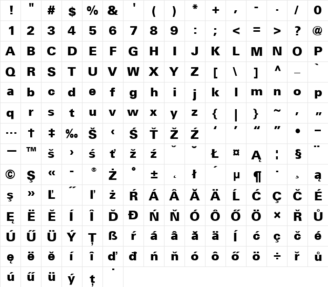 Univers CE 55 Medium Bold  glyph index