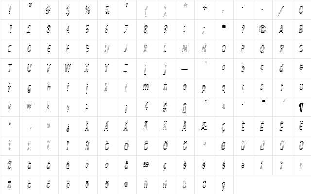 FuturaTLigConOblOu1 Regular  glyph index