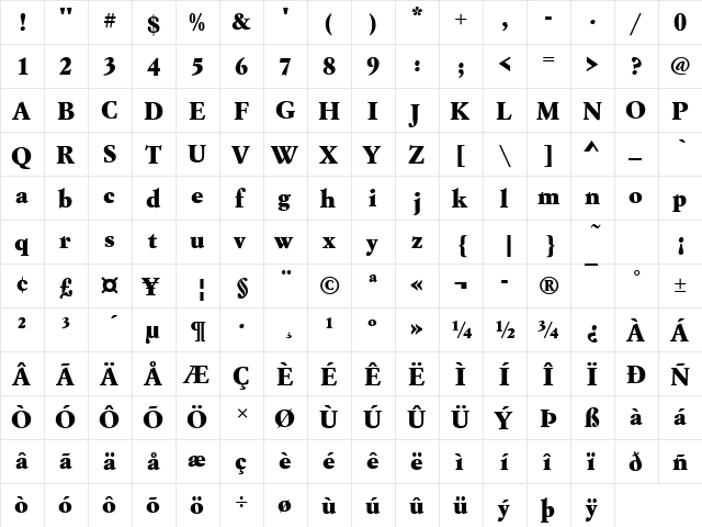 Garamond Becker No9 Ext Bold Regular  glyph index