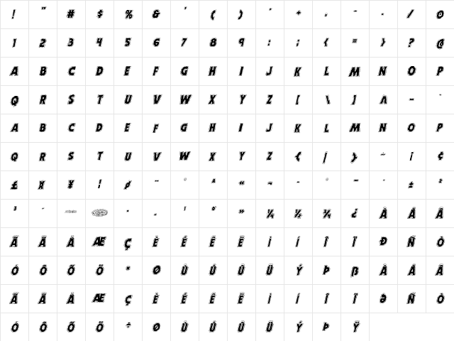 Horroween Academy Italic Italic  glyph index