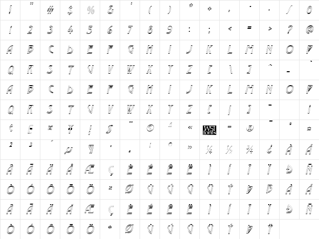 Dustine Italic  glyph index