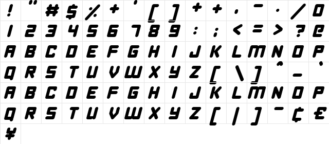 Happy Bomb Italic  glyph index