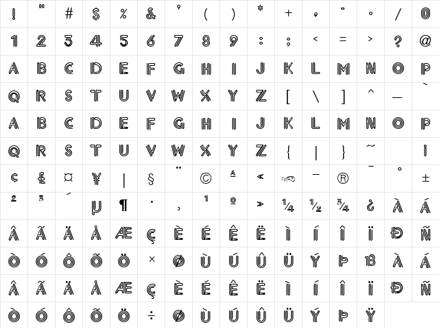 Neon Thick Regular  glyph index