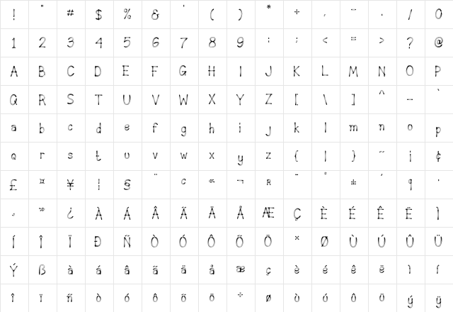 KINDLY Regular  glyph index