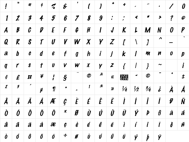 MarkingPen Italic  glyph index