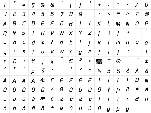 Modaerne Italic  glyph index
