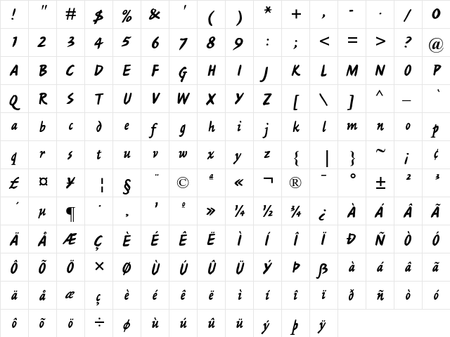 Ashley Script MT Regular  glyph index