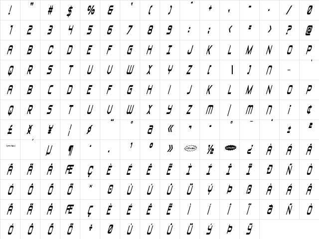 Blizzard Shaft Italic Regular  glyph index