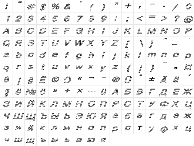 Pragmatica HW Bold Italic  glyph index