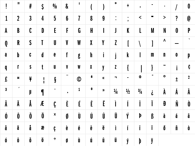 ITCFranklinGothic LT BookXCp Bold  glyph index