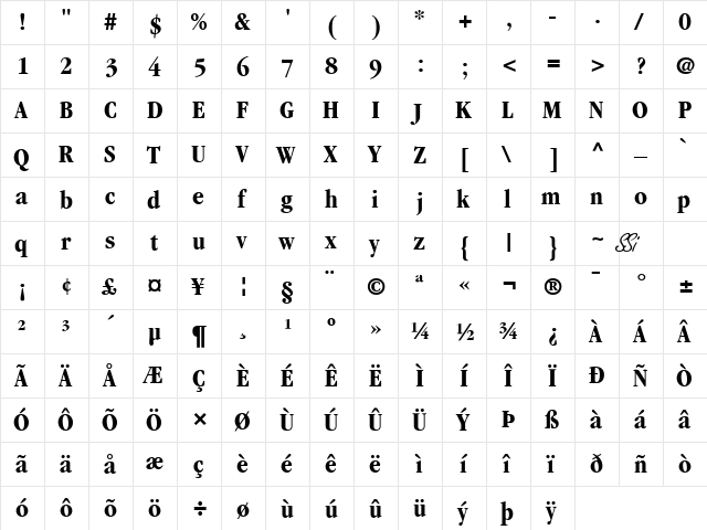 Garamond Black Condensed SSi Black Condensed  glyph index