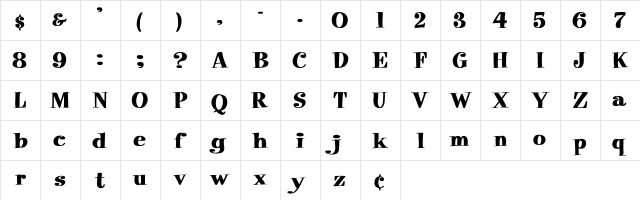 PixieFont Bold Bold  glyph index
