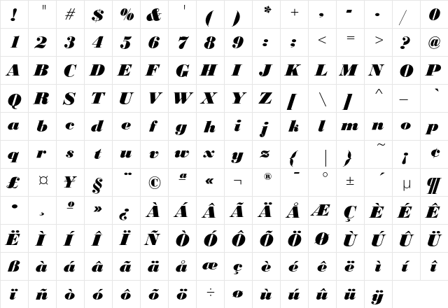 BodoniNo1EF BlackItalic  glyph index