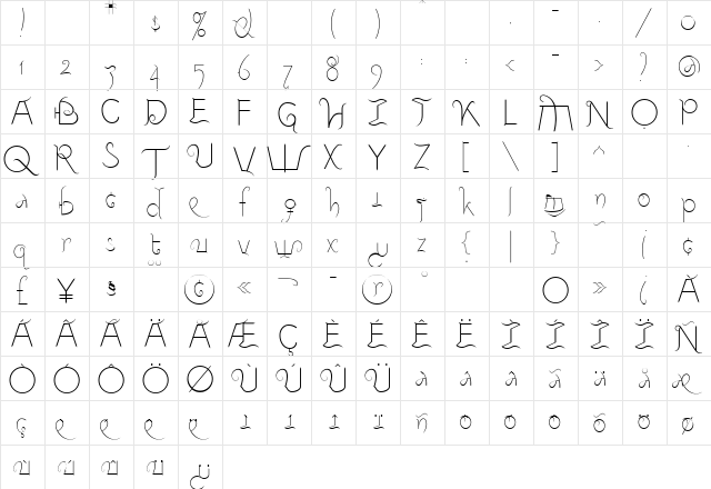 9mm Regular  glyph index