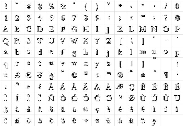 JoshuaBeckerShadow Regular  glyph index
