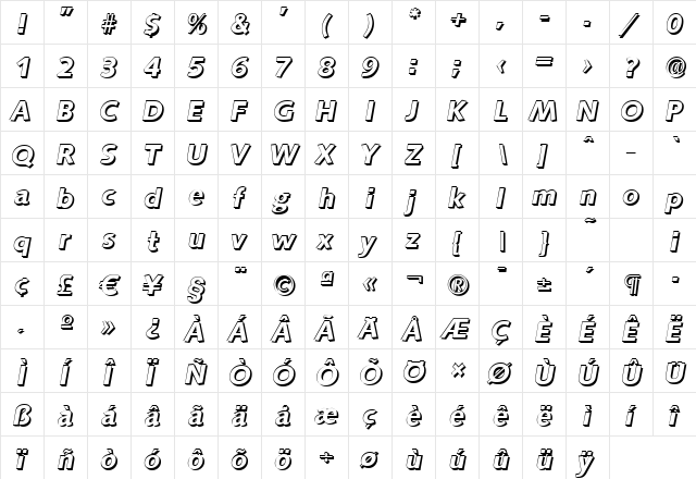 RogerBeckerShadow BoldItalic  glyph index