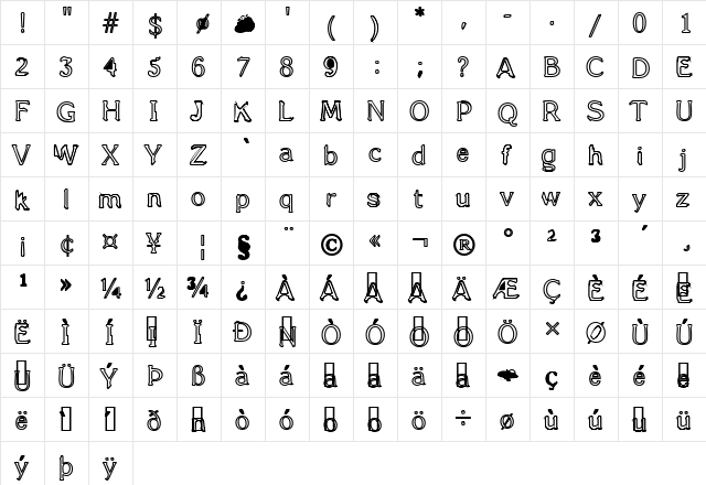 Fifteen Stories Regular  glyph index