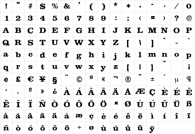 ClareSerial-Xbold Regular  glyph index