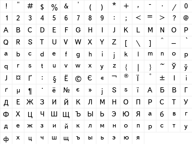 UkrainianTextBook Regular  glyph index
