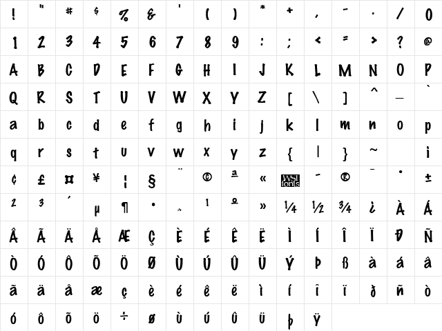 MarkingPen Regular  glyph index