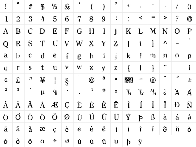 CactusRoman Regular  glyph index