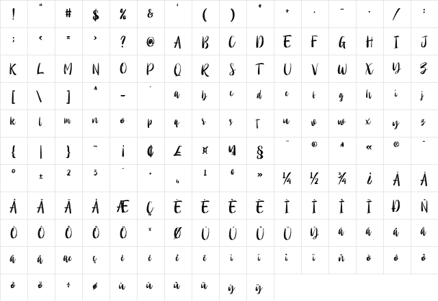 Molliquam Regular  glyph index