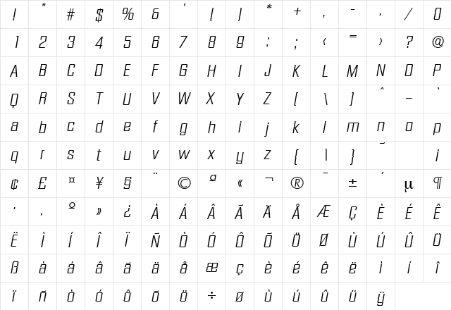 Diamante-Serial-Light RegularItalic  glyph index