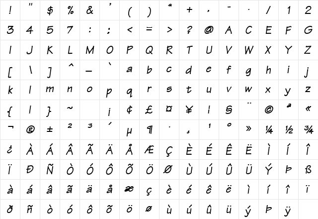 Tec Bold  glyph index