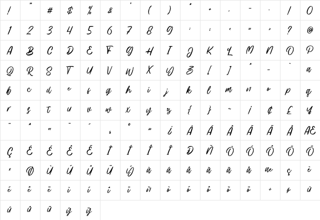 Hillbear Regular  glyph index
