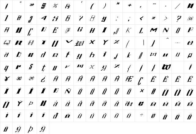 FZ WARPED 16 ITALIC Normal  glyph index
