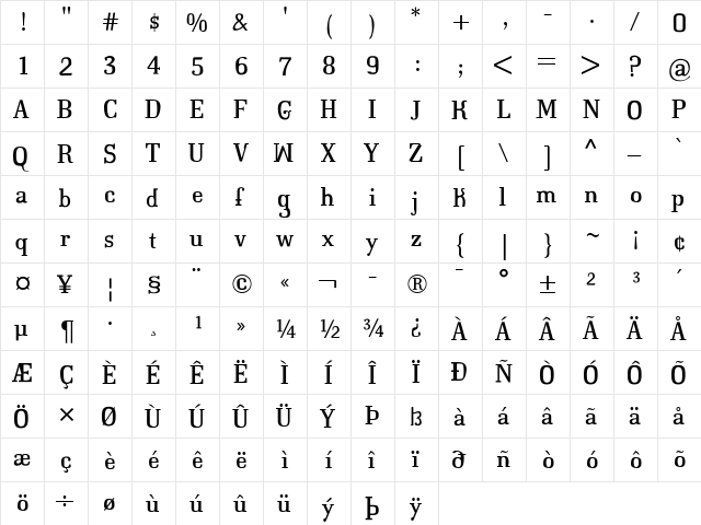 Calvino Regular  glyph index