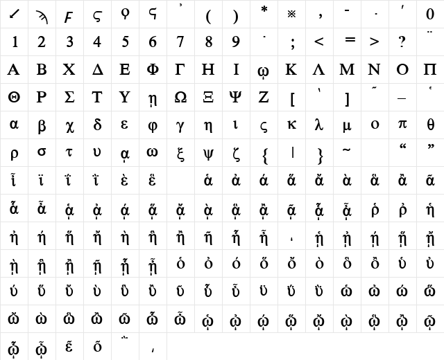 Standard Greek Bold  glyph index