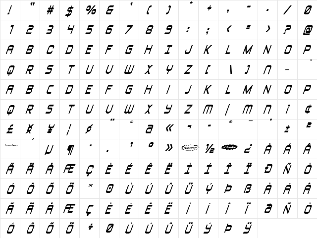 Blizzard Shaft Wide  Super-Ital Regular  glyph index