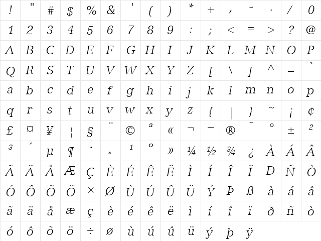 Versailles46-Light LightItalic  glyph index